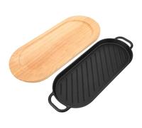TEHAUX Piastra per Bistecca in Ghisa 37,5x16 Cm con Base in Legno, Piatto da Portata per Griglia e Padella per Cucina all’Aperto, per Famiglie e Ristoranti