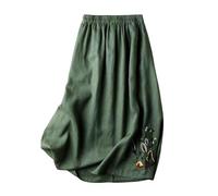 TEidea Gonna Jeans Donna Cotone Nero Ricamato E Gonne da Donna di Lino, Gonne Midi A Cintura Elastica Sciolta-Verde-L