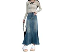 TEidea Gonna Jeans Donna Gonna di Denim Lunga A Vita Alta retrò per Donne, Stile Sciolto per L'Autunno E l'inverno, con Nappe E Tasche-Blu Vintage-XS