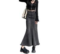 TEidea Gonna Jeans Donna Gonna di Denim Lunga A Vita Alta retrò per Donne, Stile Sciolto per L'Autunno E l'inverno, con Nappe E Tasche-Blackgray-S