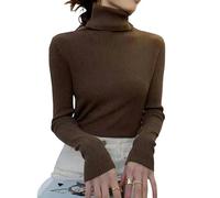 TEidea Maglione Donna Maglione-Pullover Donna A Collo Alto Semplice Basic, Manica Lunga E vestibilità Slim, Singolo Colore Solido-caffè Scuro-Taglia Unica