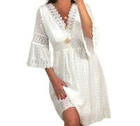 TEidea Vestito Donna Elegante Abito da Donna in Pizzo Bianco per Feste alla Moda in Spiaggia con Maniche Svasate E Dettagli Vuoti-B-3Xl