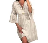 TEidea Vestito Donna Elegante Abito da Donna in Pizzo Bianco per Feste alla Moda in Spiaggia con Maniche Svasate E Dettagli Vuoti-Un-XL