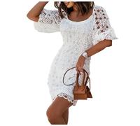 TEidea Vestito Donna Elegante Abito in Pizzo Bianco: Maniche A Soffio Corta, Elegante Equipaggio, Cerniera Posteriore ， Abito Bianco per Donne-Bianco-L