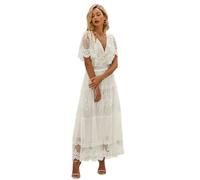 TEidea Vestito Donna Elegante Abito in Pizzo Serale in Pizzo A V: Abiti da Donna Lunghi Cavi con Maniche Corte E Dettagli Semi-Sheer-Bianco-L