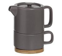 Teiera in ceramica tortora con tazza integrata e base in bambù - Secret de Gourmet