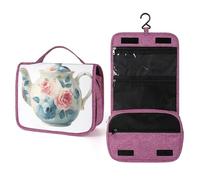 Teiera in porcellana con motivo a rose, borsa da toilette da viaggio per donne, organizer da appendere con gancio per shampoo