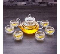 Teiera in vetro resistente al calore, creativa con motivo a righe a forma di zucca, con infusore, set per il ritorno a scuola 1200ml,600ml,800 ml,1000ml,6 piccole tazze a doppio strato,Set di 6 pentol