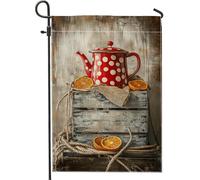 Teiera rossa a pois bandiera da giardino, striscione vintage rustico per la casa, decorazione stagionale per prato all'aperto, perfetta per primavera ed estate, 30,5 x 45,7 cm