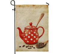 Teiera vintage rossa a pois, bandiera da giardino, motivo chicchi di caffè, striscione decorativo per la casa, double face, decorazione per esterni, 30,5 x 45,7 cm