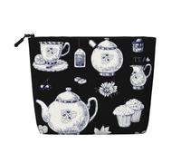 Teiere disegnate a mano e tazze stampa trucco borsa da viaggio Toiletry Bag,Travel Makeup Bag,Portable Women Makeup Organizer Case, Nero , Taglia unica