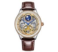 TEINTOP Orologio da uomo automatico meccanico scheletro quadrante bianco sole fasi lunari orologi, Marrone, Retro