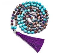 Tejesa - Collana da 8 mm con perline di diaspro imperale viola turchese naturale annodato 108 Japamala collana meditazione yoga tibetano testa di Buddha gioielli