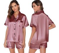 TeJoyce Pigiama Corto Estivo in Seta per Donna, Pigiami 2 Pezzi in Raso, Camicia a Maniche Corte con Bottoni e Pantaloncini, Abbigliamento Notte Elegante e Relax per Casa (Rosa Scuro, L)