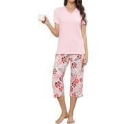 TeJoyce Pigiama Donna Estivo Corto, Pigiami 2 Pezzi in Cotone, Set Maglietta con Scollo a V e Maniche Corte e Pantaloni 3/4 a Fiori, Abbigliamento Notte Donna Leggero e Fresco per Casa (Rosa, S)