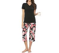 TeJoyce Pigiama Donna Estivo Corto, Pigiami 2 Pezzi in Cotone, Set Maglietta con Scollo a V e Maniche Corte e Pantaloni 3/4 a Fiori, Abbigliamento Notte Donna Leggero e Fresco per Casa (Nero, XXL)