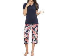 TeJoyce Pigiama Donna Estivo Corto, Pigiami 2 Pezzi in Cotone, Set Maglietta con Scollo a V e Maniche Corte e Pantaloni 3/4 a Fiori, Abbigliamento Notte Donna Leggero e Fresco per Casa Blu Marino, M