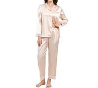 TeJoyce Pigiama Lungo in Raso di Seta per Donna, Completo Pigiami con Pizzo per Autunno e Inverno, Due Pezzi Camicia con Bottoni e Pantaloni, Loungewear in Silk Morbido ed Elegante (Champagne, L)