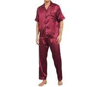 TeJoyce Pigiama Uomo in Raso di Seta, Completo 2 Pezzi con Camicia Manica Corta a Bottoni e Pantaloni con Tasche, Elegante e Confortevole per Notti Estive e Relax a Casa (Bordeaux, L)
