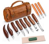 Tekchic Set di 14 Coltelli per Intaglio del Legno con Astuccio in PU, Kit di Attrezzi Professionale con Manici in Noce Marrone, per Principianti, Adulti e Appassionati di Artigianato del Legno