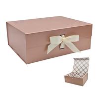 Tekhoho Scatola Regalo Oro Rosa Grande 33.5x27x12.5cm, Scatola Regalo Premium con Coperchio Magnetico e Nastro per Confezioni Regalo di Matrimonio e Compleanno, Fodera Plaid