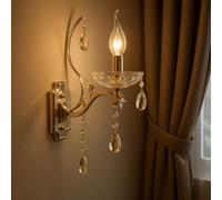 TEKHOME Applique da Parete in Cristallo Stile Candelabro Oro E68-1, Portalampada E14, Lampada da Muro Classica con Decorazioni in Vetro per Soggiorno, Camera da Letto e Corridoio E68-1