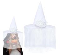 Teksome Cappello da Strega Sposa Bianco, Cappelli da Strega per Donna, Cappello da Strega di Halloween Veli Cappello da Mago Donna Uomo Cappello a Tesa Larga a Punta Costume Cosplay di Carnevale