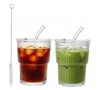 Tel Charme * Confezione da 2 bicchieri in vetro da 400 ml con coperchio, cannucce e spazzola per cannuccia, tazze da caffè ghiacciato a coste, bicchieri trasparenti a prova di perdite, per latte