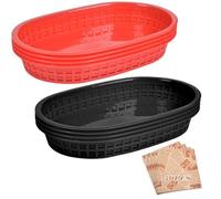 Tel Charme * Confezione da 8 cestini riutilizzabili in plastica per alimenti, 4 neri e 4 rossi, con 50 fogli di carta da forno, vassoi ovali per snack per patatine, hamburger, dolci, patatine, picnic