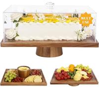 Tel Charme - Supporto per torte in legno di acacia con coperchio - 43x33 cm, piano da portata rettangolare 2-in-1 e espositore per dessert, coperchio per torte in acrilico anti-rottura (13 cm di