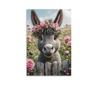 Tela artistica da parete 30,5 x 45,7 cm, un asino con una corona di fiori sulla testa in piedi dietro una recinzione in legno, circondato da peonie rosa, dipinti decorativi per la casa, camera da