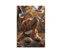 Tela artistica da parete 30,5 x 45,7 cm, un Golden Retriever che guarda gli uccelli in volo, con una piuma sul collo e foglie autunnali intorno, dipinti decorativi per casa, camera da letto (senza