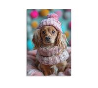 Tela artistica da parete 30,5 x 45,7 cm, un piccolo cane che indossa un cappello e una sciarpa rosa in maglia, seduto su una soffice coperta rosa, dipinti decorativi per la casa, camera da letto