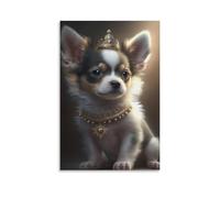 Tela artistica da parete 30,5 x 45,7 cm, un piccolo cane con una corona e una collana di perle, seduto e guardando avanti, dipinti decorativi per la casa, camera da letto (senza cornice)