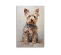 Tela artistica da parete 40,6 x 61 cm, un cane di piccola taglia con pelo lungo e soffice marrone e bianco, seduto e guarda avanti, dipinti decorativi per la casa, camera da letto (senza cornice)