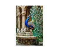 Tela artistica da parete 40,6 x 61 cm, un pavone con una coda colorata e tre topi bianchi in piedi su una fontana, dipinti decorativi per la casa, camera da letto (senza cornice)