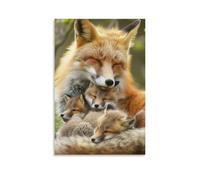 Tela artistica da parete, 40,6 x 61 cm, una madre volpe con tre volpi coccolate insieme, tutte con gli occhi chiusi, dipinti decorativi per casa, camera da letto (senza cornice)