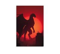 Tela artistica da parete 50,8 x 76,2 cm, un enorme drago con sagoma di un cielo rosso, in piedi sopra una città con persone su un edificio, dipinti decorativi per la casa, camera da letto (senza
