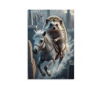 Tela artistica da parete 50,8 x 76,2 cm, un riccio che cavalca un cavallo bianco sopra una città, dipinti decorativi per la casa, camera da letto (senza cornice)