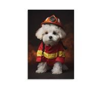 Tela artistica da parete 61 x 91 cm, un piccolo cane bianco che indossa un'uniforme pompiere rossa e gialla e un casco arancione con una luce, dipinti decorativi per la casa, camera da letto (senza