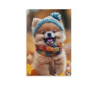 Tela artistica da parete 61 x 91 cm, un piccolo cane che indossa un cappello e una sciarpa a maglia, seduto sulle foglie autunnali, dipinti decorativi per la casa, camera da letto (senza cornice)