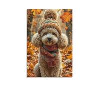 Tela artistica da parete 61 x 91 cm, un piccolo cane che indossa un cappello e una sciarpa lavorati a maglia, seduto sulle foglie autunnali, dipinti decorativi per la casa e la camera da letto (senza