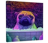 Tela artistica da parete colorata con cane carlino, decorazione verde viola brillante, divertente estetica per la casa, soggiorno, camera da letto, bagno, tela avvolta 30,5 x 30,5 cm
