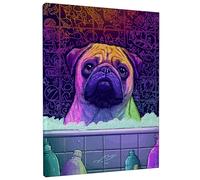 Tela artistica da parete colorata con cane carlino, decorazione verde viola brillante, divertente estetica per la casa, soggiorno, camera da letto, bagno, tela avvolta 40,6 x 50,8 cm