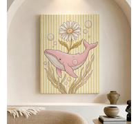 Tela artistica da parete con balena pesca, decorazione floreale gialla con oceano, graziosa stampa con vita marina per soggiorno, camera da letto, bagno, decorazione estetica per la casa, 30,5 x 40,6