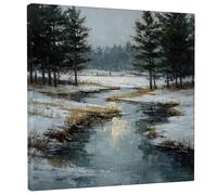 Tela artistica da parete con fiume, natura realismo pini neve inverno grigio dipinto da parete arte da appendere casa sala da pranzo camera da letto soggiorno ristorante decorazione 30,5 x 30,5 cm