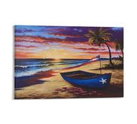 Tela artistica da parete con motivo astratto con barca sull'oceano, stampa su tela con acquarello, tramonto e piante costiere, stampa per casa, soggiorno, camera da letto, decorazione da parete