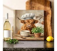 Tela artistica da parete con mucca delle Highlands, rustica fattoria con cappello da chef e ciotole, dipinto da parete marrone, decorazione artistica da appendere per sala da pranzo, ristorante