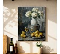 Tela artistica da parete con ortensia, natura morta rustica, bicchiere di vino con pera, nessuna opera d'arte bianca, da appendere alla parete, decorazione per casa, camera da letto, soggiorno
