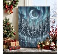 Tela artistica da parete mistica con foresta invernale, luna, pino | luna crescente, stampe artistiche, simboli runici, aurora boreale, alberi innevati, foresta mistica, opere d'arte ispirate
